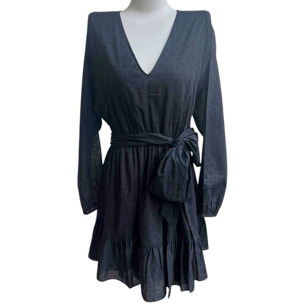 Outerknown NWT Sz S Lulu Black Long Slv Organic Cotton Dress Tie Waist Swiss Dot - Picture 2 of 9